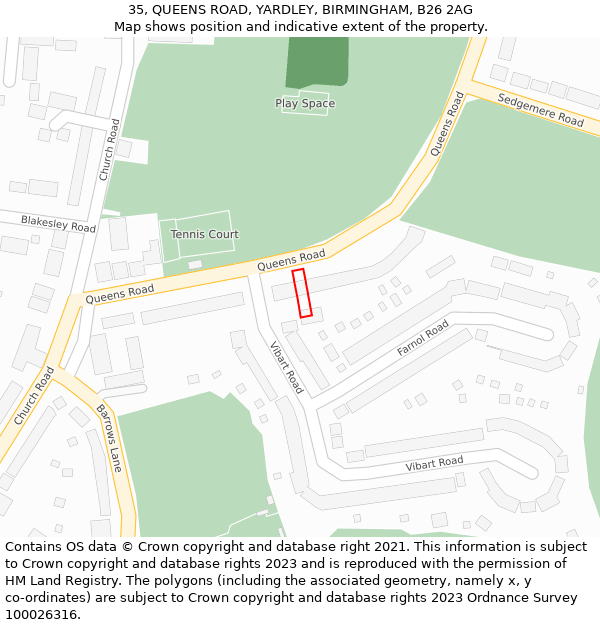 35, QUEENS ROAD, YARDLEY, BIRMINGHAM, B26 2AG: Location map and indicative extent of plot