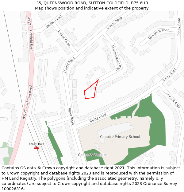 35, QUEENSWOOD ROAD, SUTTON COLDFIELD, B75 6UB: Location map and indicative extent of plot