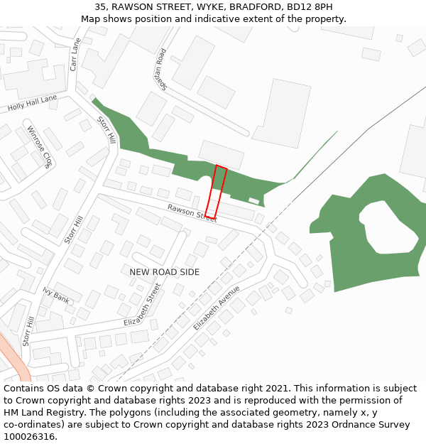 35, RAWSON STREET, WYKE, BRADFORD, BD12 8PH: Location map and indicative extent of plot
