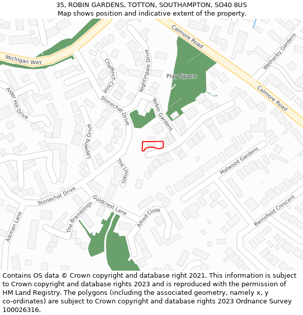 35, ROBIN GARDENS, TOTTON, SOUTHAMPTON, SO40 8US: Location map and indicative extent of plot