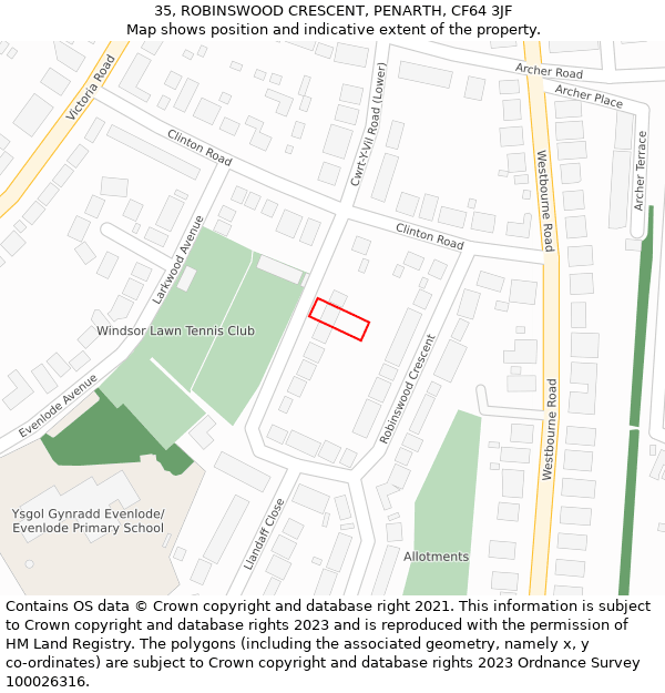 35, ROBINSWOOD CRESCENT, PENARTH, CF64 3JF: Location map and indicative extent of plot