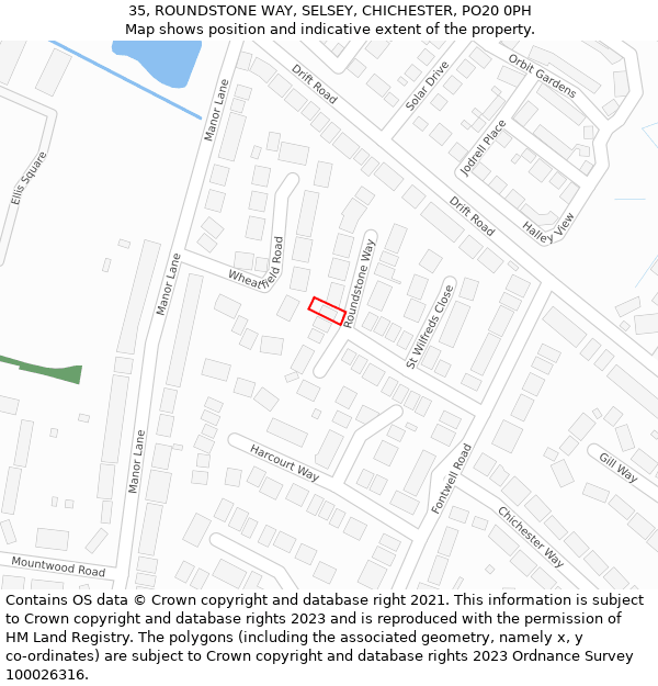 35, ROUNDSTONE WAY, SELSEY, CHICHESTER, PO20 0PH: Location map and indicative extent of plot