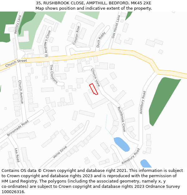 35, RUSHBROOK CLOSE, AMPTHILL, BEDFORD, MK45 2XE: Location map and indicative extent of plot