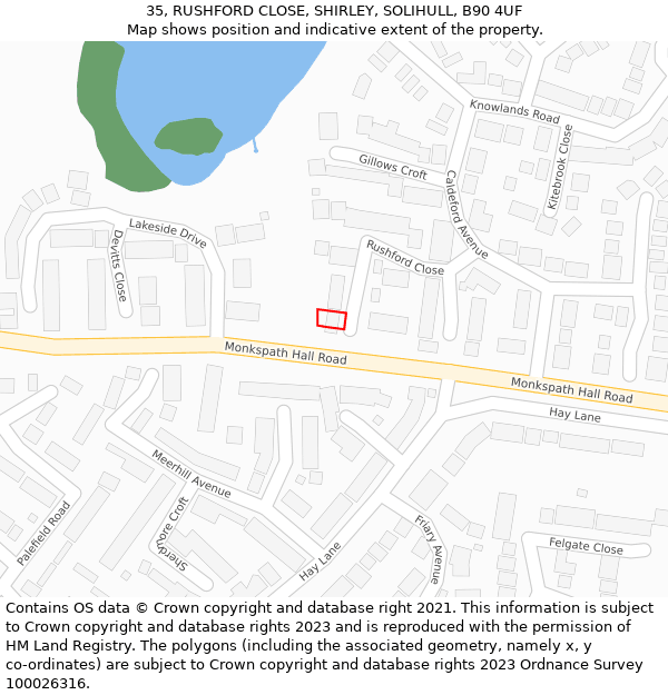 35, RUSHFORD CLOSE, SHIRLEY, SOLIHULL, B90 4UF: Location map and indicative extent of plot