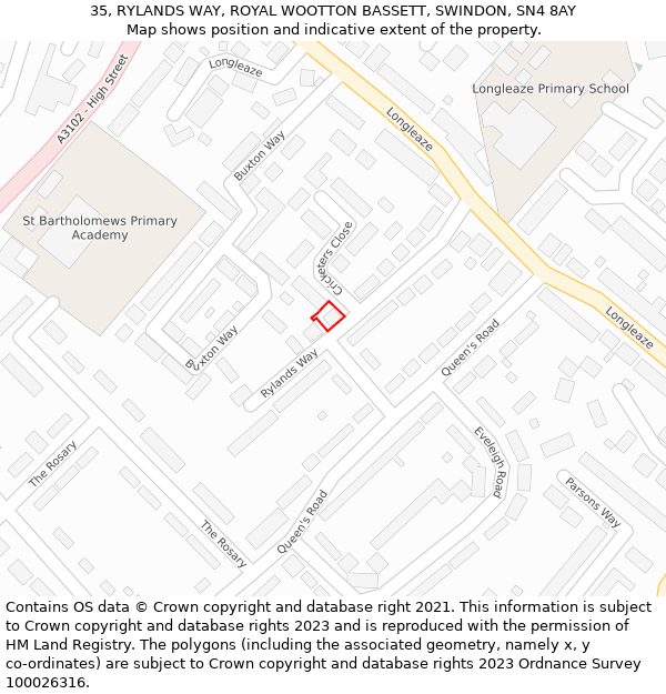 35, RYLANDS WAY, ROYAL WOOTTON BASSETT, SWINDON, SN4 8AY: Location map and indicative extent of plot