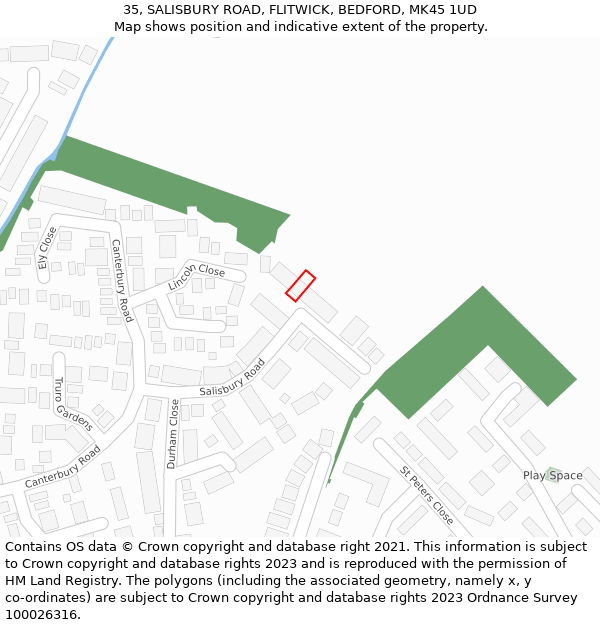 35, SALISBURY ROAD, FLITWICK, BEDFORD, MK45 1UD: Location map and indicative extent of plot