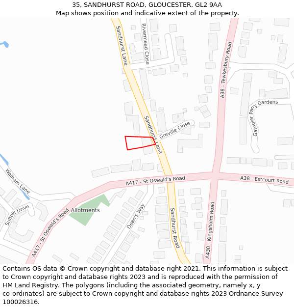 35, SANDHURST ROAD, GLOUCESTER, GL2 9AA: Location map and indicative extent of plot