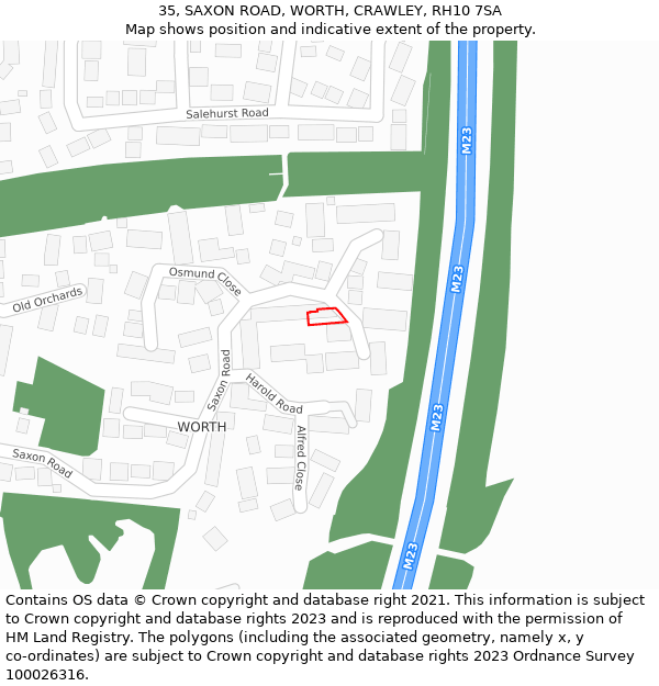 35, SAXON ROAD, WORTH, CRAWLEY, RH10 7SA: Location map and indicative extent of plot