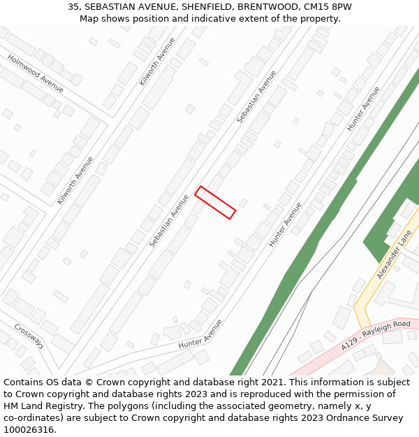 35, SEBASTIAN AVENUE, SHENFIELD, BRENTWOOD, CM15 8PW: Location map and indicative extent of plot