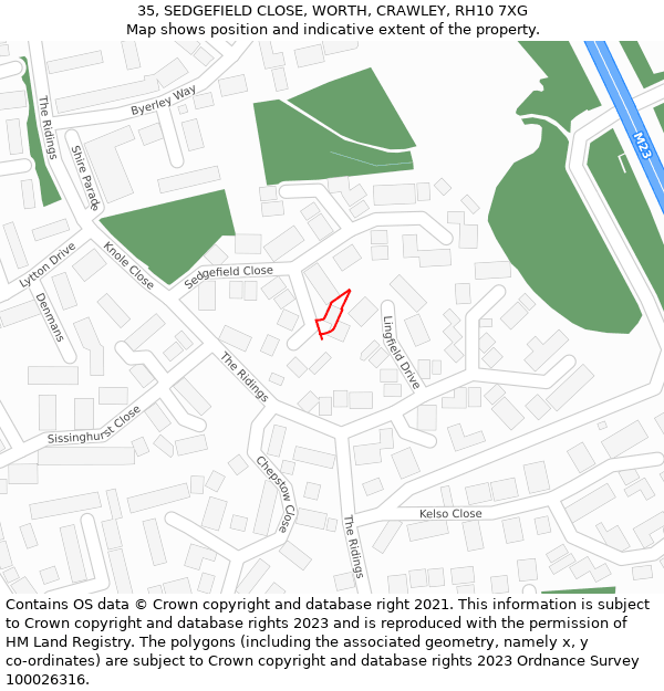 35, SEDGEFIELD CLOSE, WORTH, CRAWLEY, RH10 7XG: Location map and indicative extent of plot