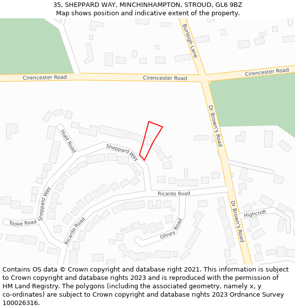 35, SHEPPARD WAY, MINCHINHAMPTON, STROUD, GL6 9BZ: Location map and indicative extent of plot