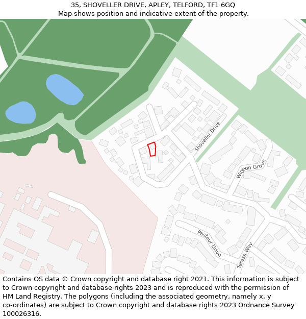 35, SHOVELLER DRIVE, APLEY, TELFORD, TF1 6GQ: Location map and indicative extent of plot