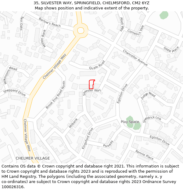 35, SILVESTER WAY, SPRINGFIELD, CHELMSFORD, CM2 6YZ: Location map and indicative extent of plot