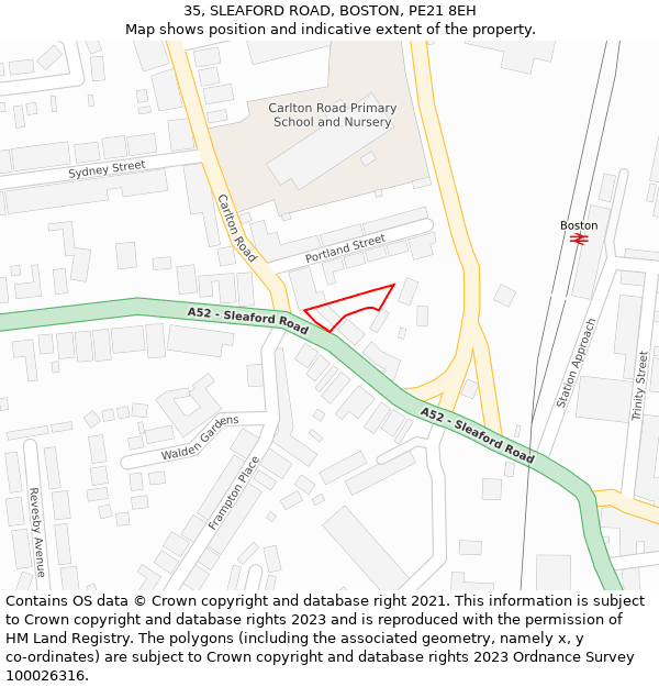 35, SLEAFORD ROAD, BOSTON, PE21 8EH: Location map and indicative extent of plot