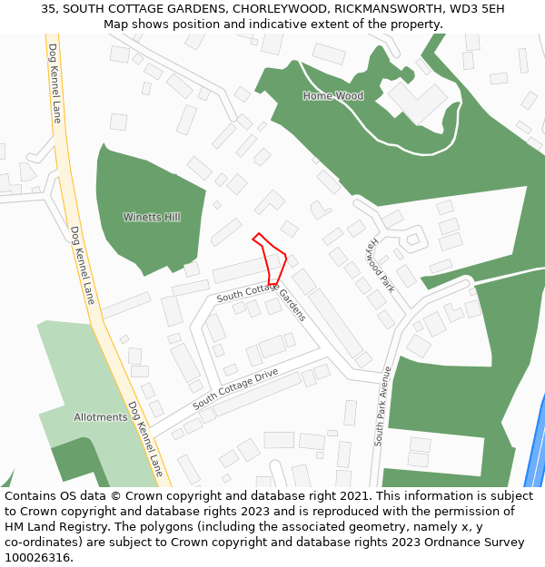 35, SOUTH COTTAGE GARDENS, CHORLEYWOOD, RICKMANSWORTH, WD3 5EH: Location map and indicative extent of plot