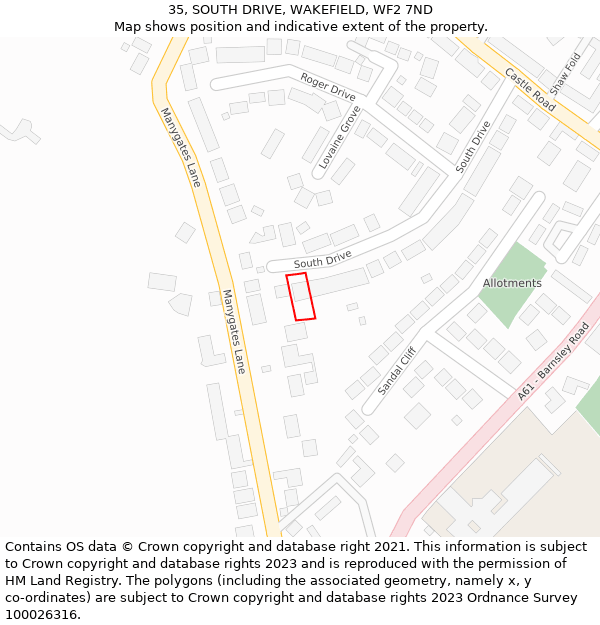 35, SOUTH DRIVE, WAKEFIELD, WF2 7ND: Location map and indicative extent of plot