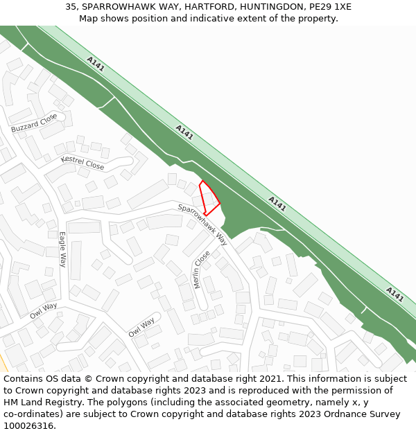 35, SPARROWHAWK WAY, HARTFORD, HUNTINGDON, PE29 1XE: Location map and indicative extent of plot