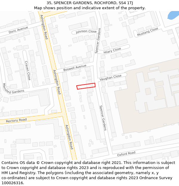 35, SPENCER GARDENS, ROCHFORD, SS4 1TJ: Location map and indicative extent of plot