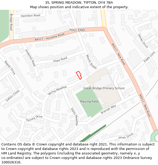 35, SPRING MEADOW, TIPTON, DY4 7BA: Location map and indicative extent of plot