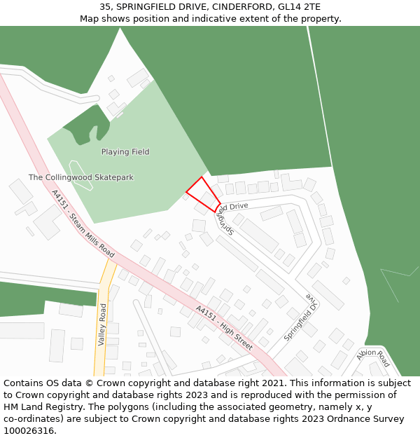 35, SPRINGFIELD DRIVE, CINDERFORD, GL14 2TE: Location map and indicative extent of plot