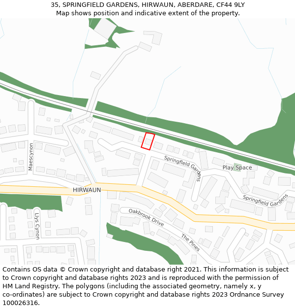 35, SPRINGFIELD GARDENS, HIRWAUN, ABERDARE, CF44 9LY: Location map and indicative extent of plot