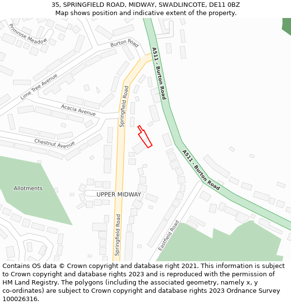 35, SPRINGFIELD ROAD, MIDWAY, SWADLINCOTE, DE11 0BZ: Location map and indicative extent of plot