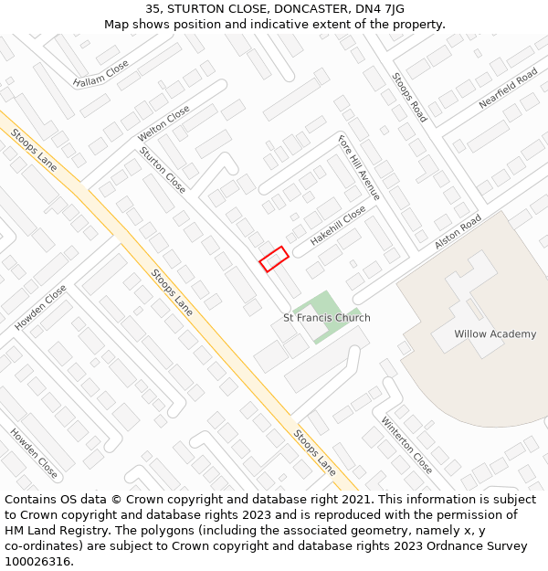 35, STURTON CLOSE, DONCASTER, DN4 7JG: Location map and indicative extent of plot