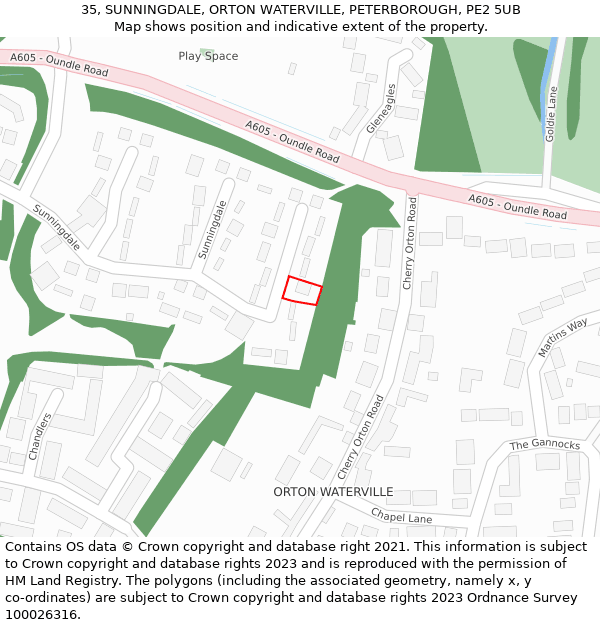 35, SUNNINGDALE, ORTON WATERVILLE, PETERBOROUGH, PE2 5UB: Location map and indicative extent of plot