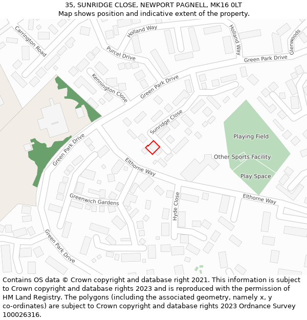 35, SUNRIDGE CLOSE, NEWPORT PAGNELL, MK16 0LT: Location map and indicative extent of plot