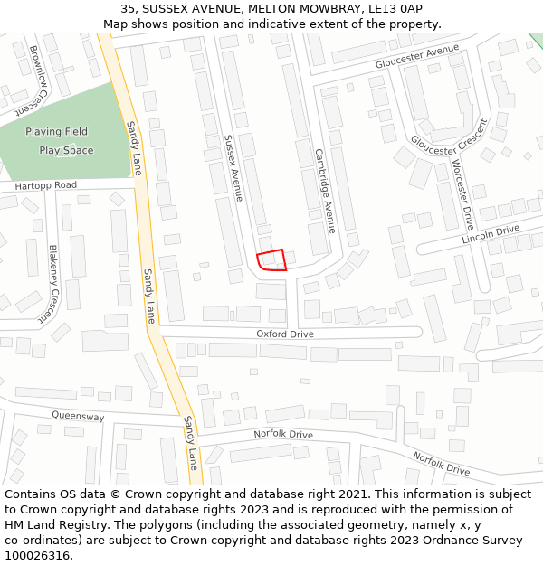 35, SUSSEX AVENUE, MELTON MOWBRAY, LE13 0AP: Location map and indicative extent of plot