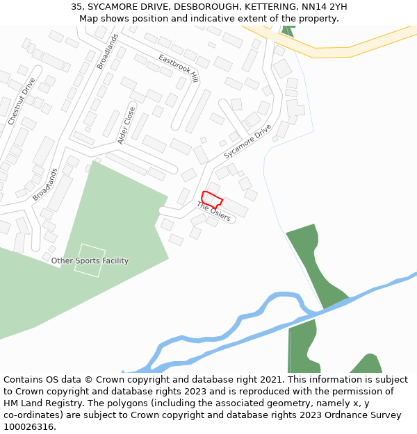 35, SYCAMORE DRIVE, DESBOROUGH, KETTERING, NN14 2YH: Location map and indicative extent of plot