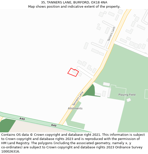 35, TANNERS LANE, BURFORD, OX18 4NA: Location map and indicative extent of plot