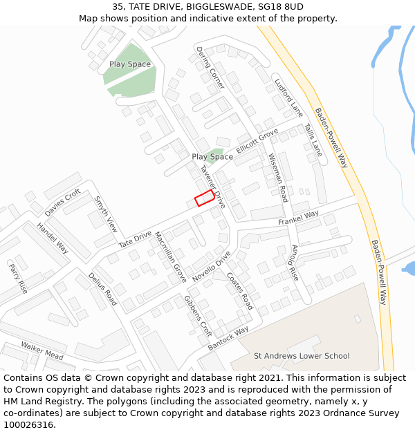 35, TATE DRIVE, BIGGLESWADE, SG18 8UD: Location map and indicative extent of plot