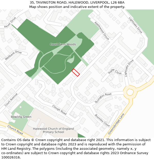 35, TAVINGTON ROAD, HALEWOOD, LIVERPOOL, L26 6BA: Location map and indicative extent of plot