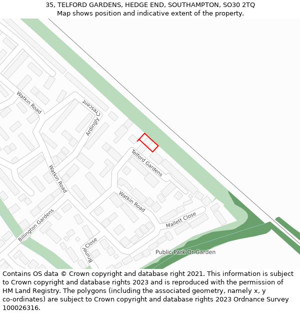 35, TELFORD GARDENS, HEDGE END, SOUTHAMPTON, SO30 2TQ: Location map and indicative extent of plot