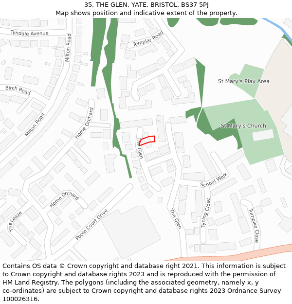 35, THE GLEN, YATE, BRISTOL, BS37 5PJ: Location map and indicative extent of plot