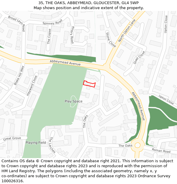 35, THE OAKS, ABBEYMEAD, GLOUCESTER, GL4 5WP: Location map and indicative extent of plot