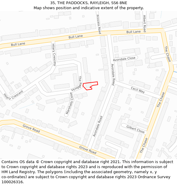 35, THE PADDOCKS, RAYLEIGH, SS6 8NE: Location map and indicative extent of plot