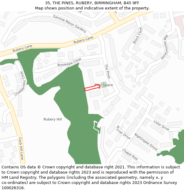 35, THE PINES, RUBERY, BIRMINGHAM, B45 9FF: Location map and indicative extent of plot