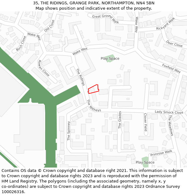 35, THE RIDINGS, GRANGE PARK, NORTHAMPTON, NN4 5BN: Location map and indicative extent of plot