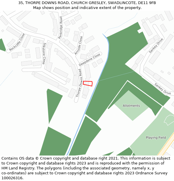 35, THORPE DOWNS ROAD, CHURCH GRESLEY, SWADLINCOTE, DE11 9FB: Location map and indicative extent of plot