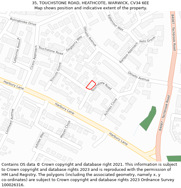 35, TOUCHSTONE ROAD, HEATHCOTE, WARWICK, CV34 6EE: Location map and indicative extent of plot