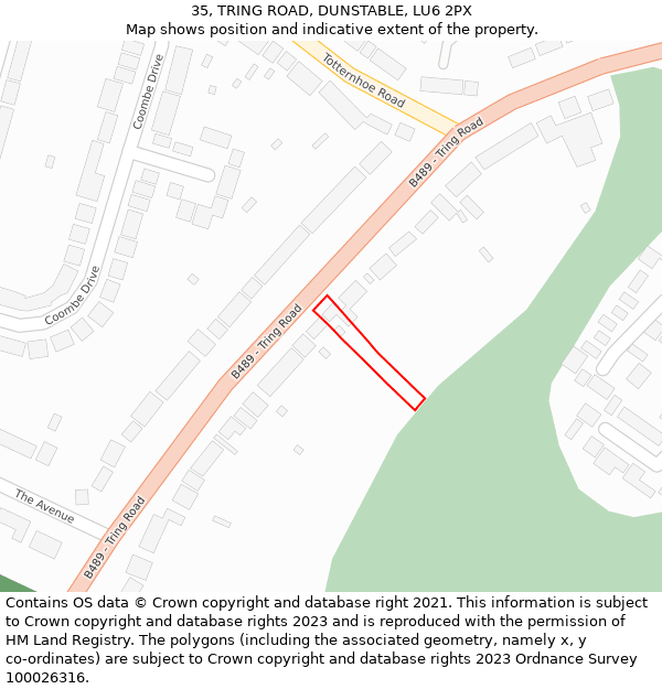 35, TRING ROAD, DUNSTABLE, LU6 2PX: Location map and indicative extent of plot