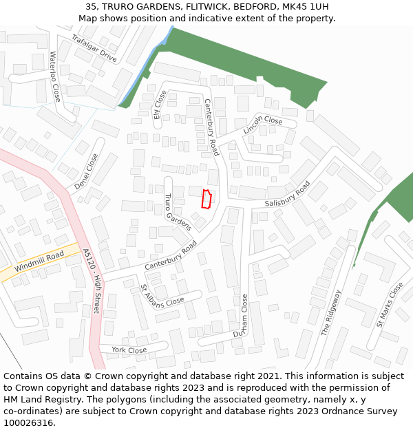 35, TRURO GARDENS, FLITWICK, BEDFORD, MK45 1UH: Location map and indicative extent of plot