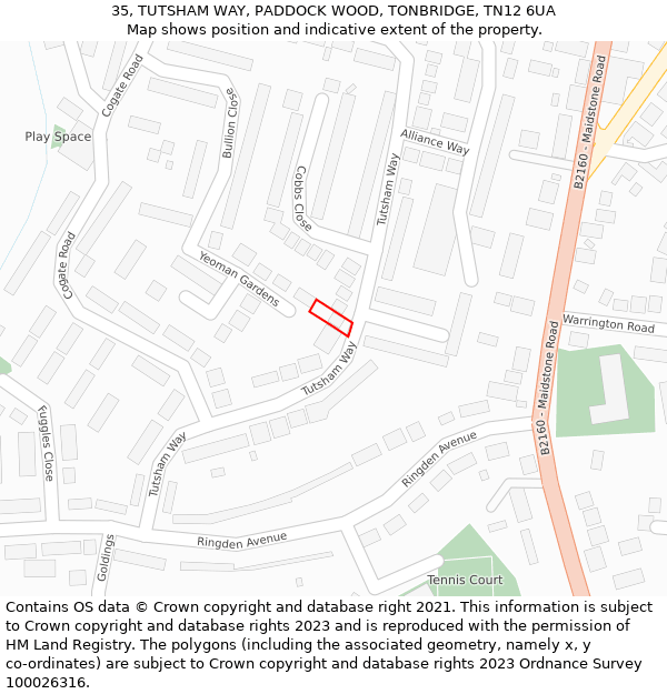 35, TUTSHAM WAY, PADDOCK WOOD, TONBRIDGE, TN12 6UA: Location map and indicative extent of plot