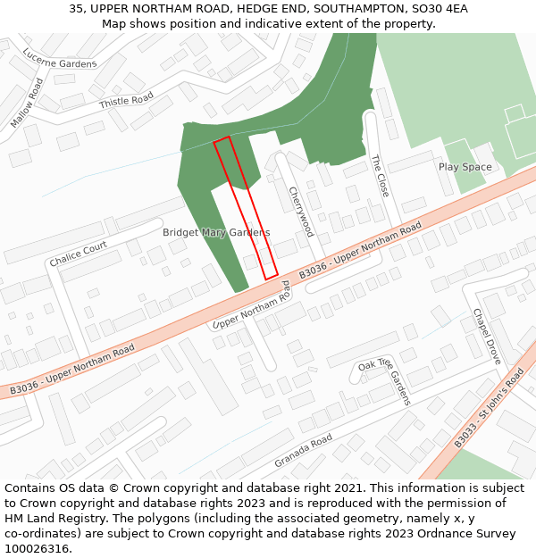 35, UPPER NORTHAM ROAD, HEDGE END, SOUTHAMPTON, SO30 4EA: Location map and indicative extent of plot