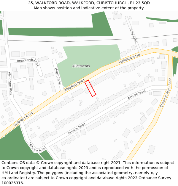 35, WALKFORD ROAD, WALKFORD, CHRISTCHURCH, BH23 5QD: Location map and indicative extent of plot