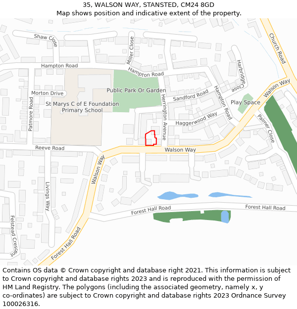 35, WALSON WAY, STANSTED, CM24 8GD: Location map and indicative extent of plot