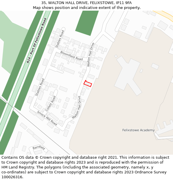 35, WALTON HALL DRIVE, FELIXSTOWE, IP11 9FA: Location map and indicative extent of plot