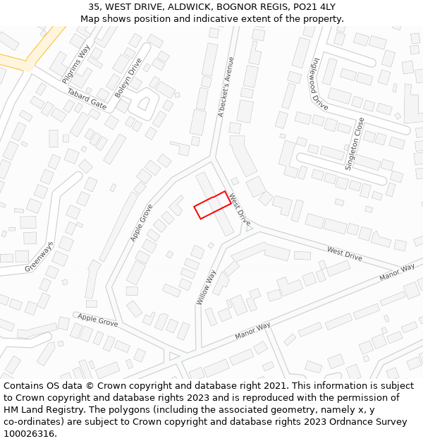 35, WEST DRIVE, ALDWICK, BOGNOR REGIS, PO21 4LY: Location map and indicative extent of plot